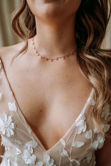 Dainty Rose Gold Choker Necklace with Petite Crystal Charm Pendants