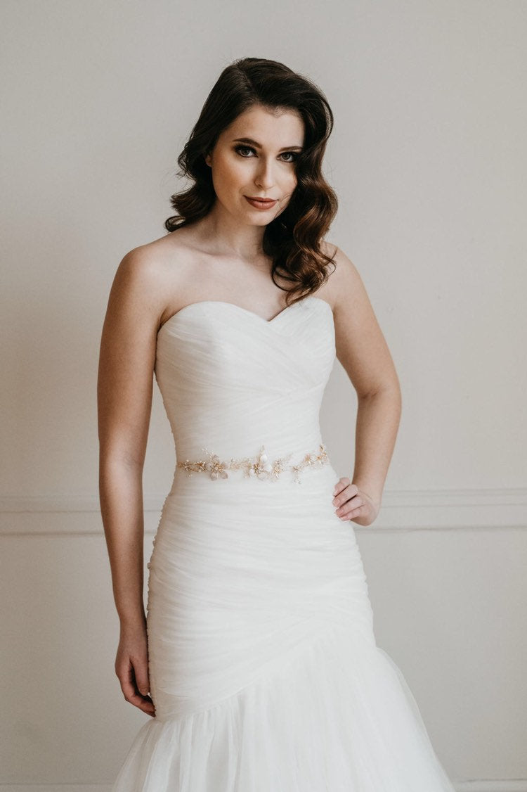 Kate Sash - Boho Gold Flower Bridal Belt Sash with Pearls  display picture 3