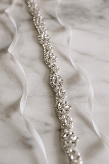 crystal and pearl wedding dress belt in silver